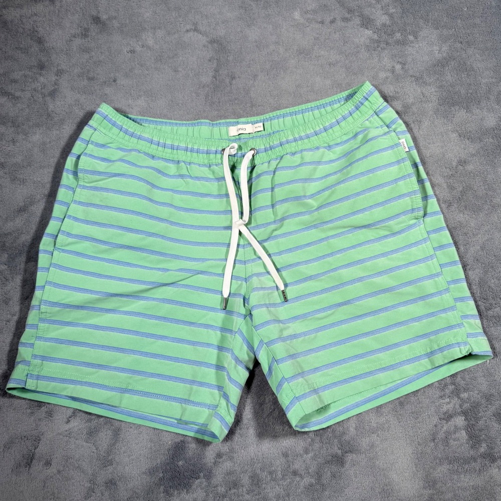 Onia The Charles Swim Trunks Size XL Green Blue Striped Drawstring Board Shorts